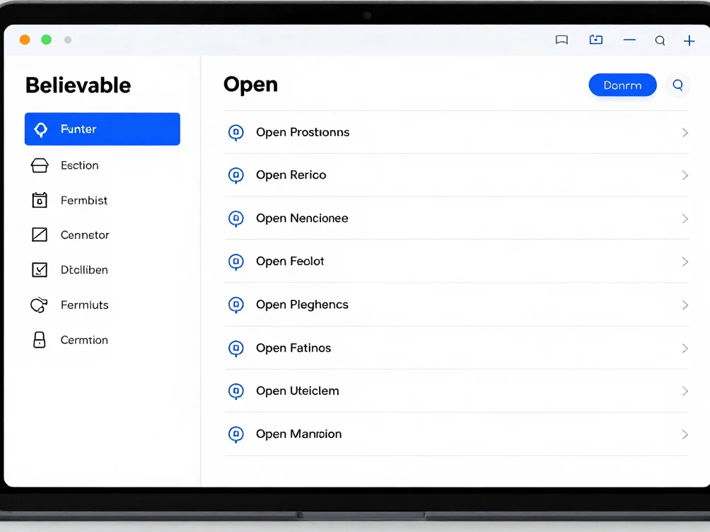 Believable job listing screen with a filter panel and list of ope